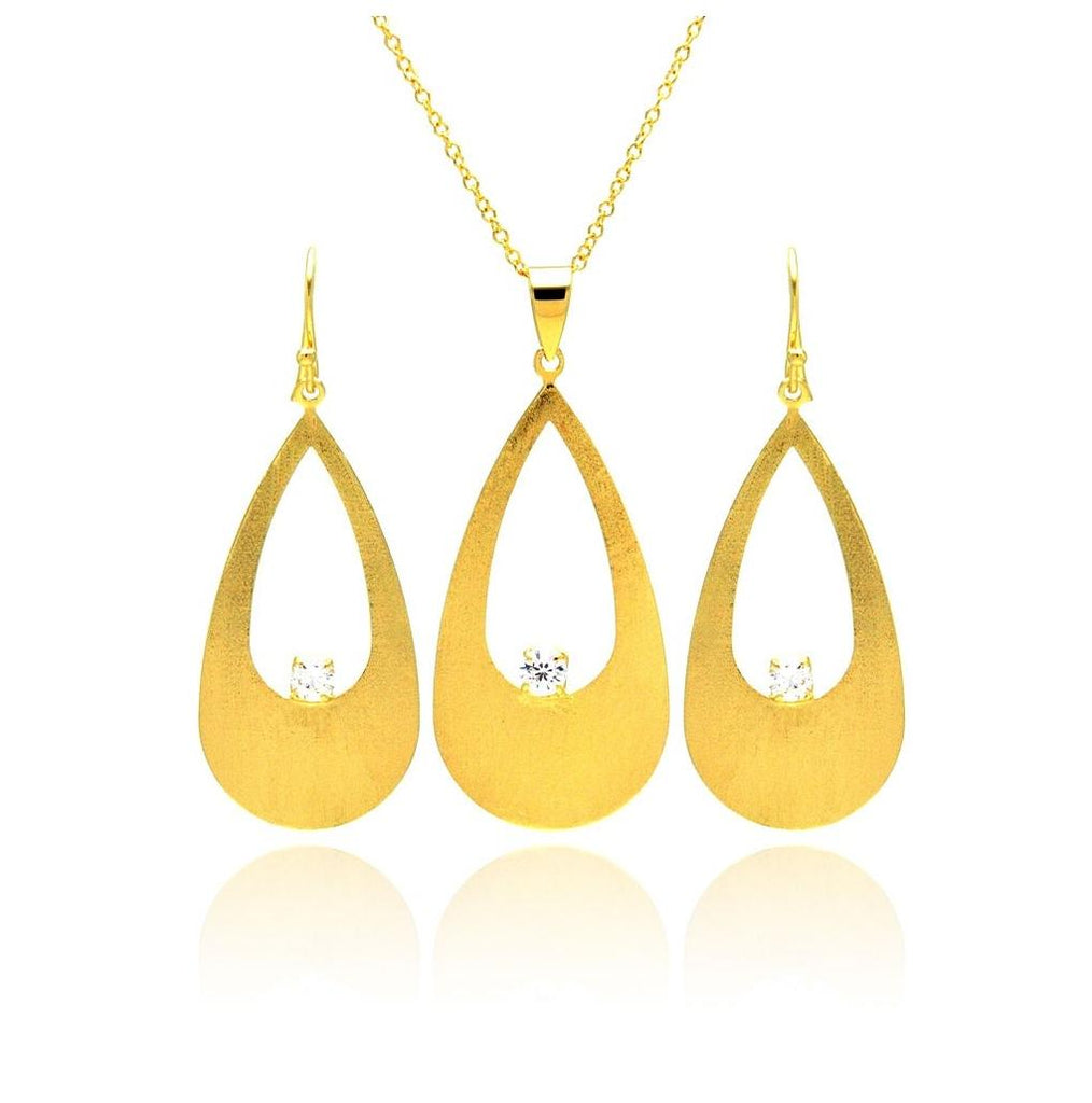 .925 Sterling Silver Gold Rhodium Plated Open Teardrop Cz Earring & Necklace Set