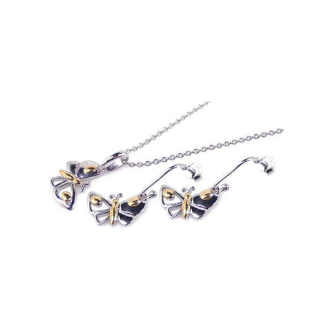 .925 Sterling Silver Gold & Rhodium Plated Butterfly Cz Dangling Hook Earring & Necklace Set