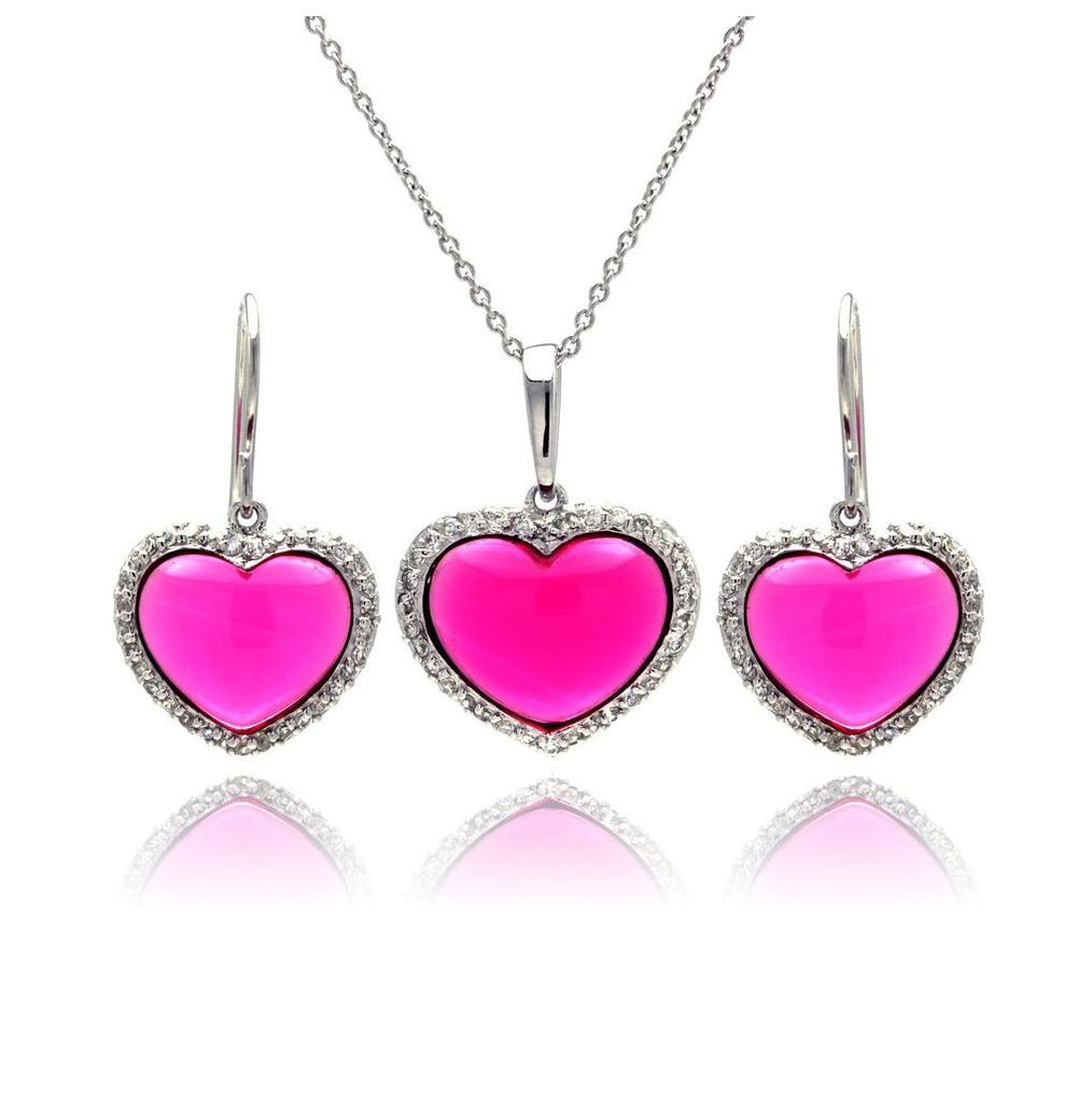 .925 Sterling Silver Rhodium Plated Heart Pink Cz Hoop Earring & Necklace Set