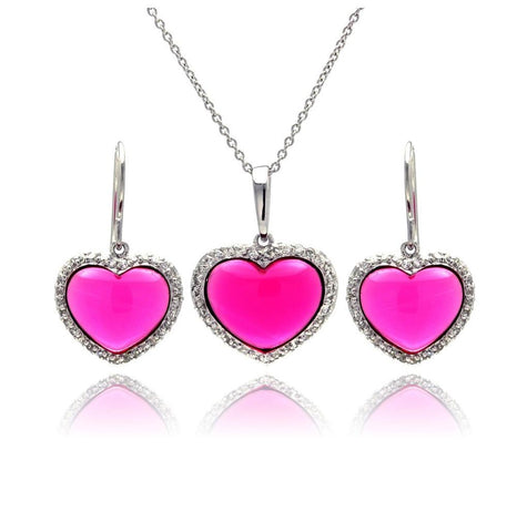 .925 Sterling Silver Rhodium Plated Heart Pink Cz Hoop Earring & Necklace Set