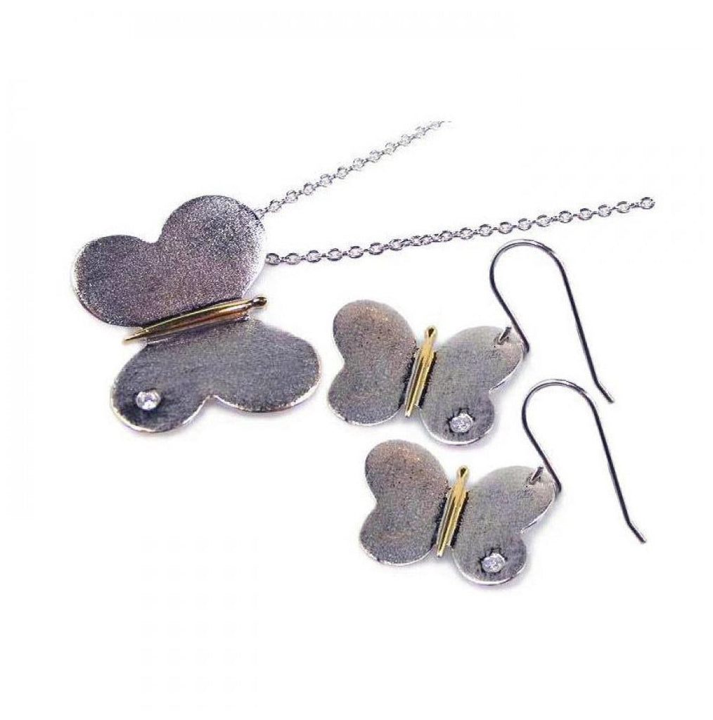 .925 Sterling Silver Gold & Rhodium Plated Butterfly Cz Dangling Hook Earring & Necklace Set