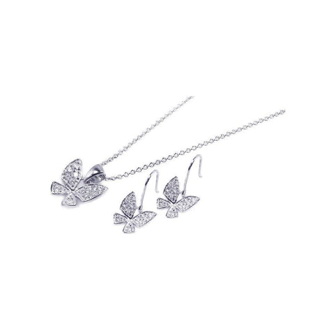 .925 Sterling Silver Rhodium Plated Butterfly Cz Hook Earring & Necklace Set