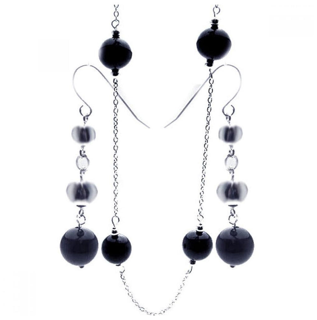 .925 Sterling Silver Rhodium Plated Graduated Cz Black Onyx Dangling Hook Earring & Necklace Set