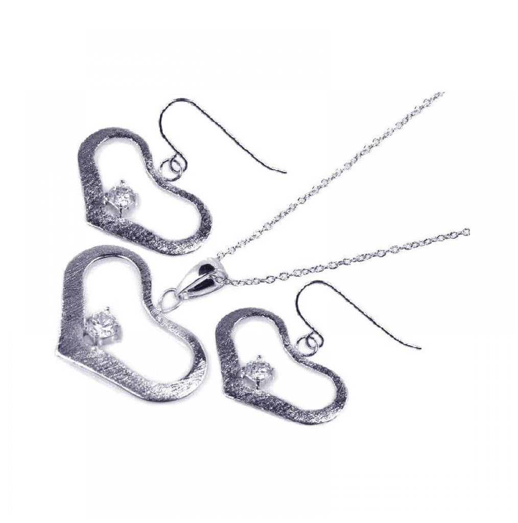 .925 Sterling Silver Rhodium Plated Open Wide Heart Cz Dangling Hook Earring & Necklace Set