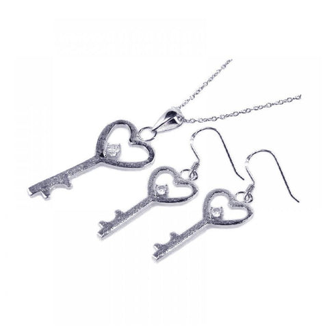 .925 Sterling Silver Rhodium Plated Kingdom Heart Key Cz Hook Earring & Necklace Set