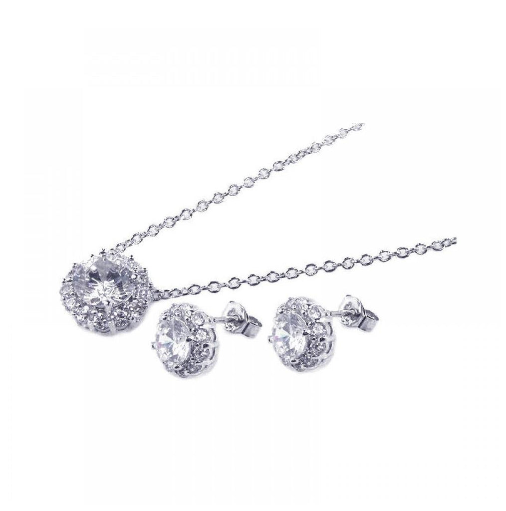 .925 Sterling Silver Rhodium Plated Round Cz Stud Earring & Necklace Set