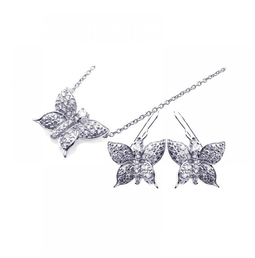 .925 Sterling Silver Rhodium Plated Butterfly Cz Hook Earring & Necklace Set