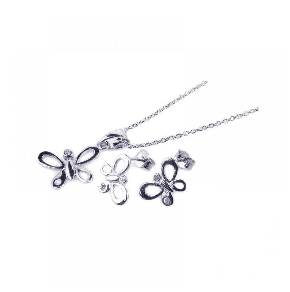 .925 Sterling Silver Rhodium Plated Open Butterfly Cz Stud Earring & Necklace Set