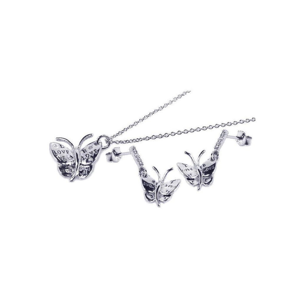 .925 Sterling Silver Rhodium Plated Buttefly Cz Dangling Earring & Necklace Set