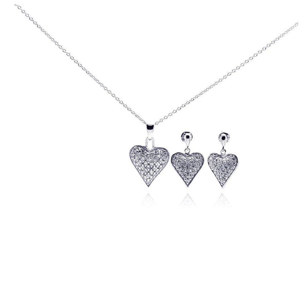 .925 Sterling Silver Rhodium Plated Heart Cz Stud Dangling Earring & Necklace Set