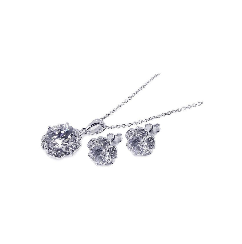 .925 Sterling Silver Rhodium Plated Flower Cz Stud Earring & Necklace Set