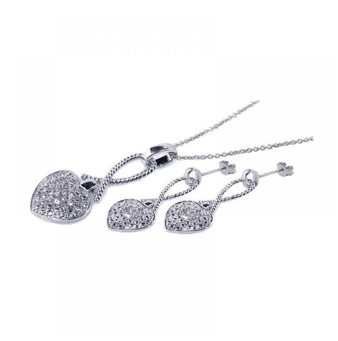 .925 Sterling Silver Rhodium Plated Heart Cz Stud Earring & Necklace Set