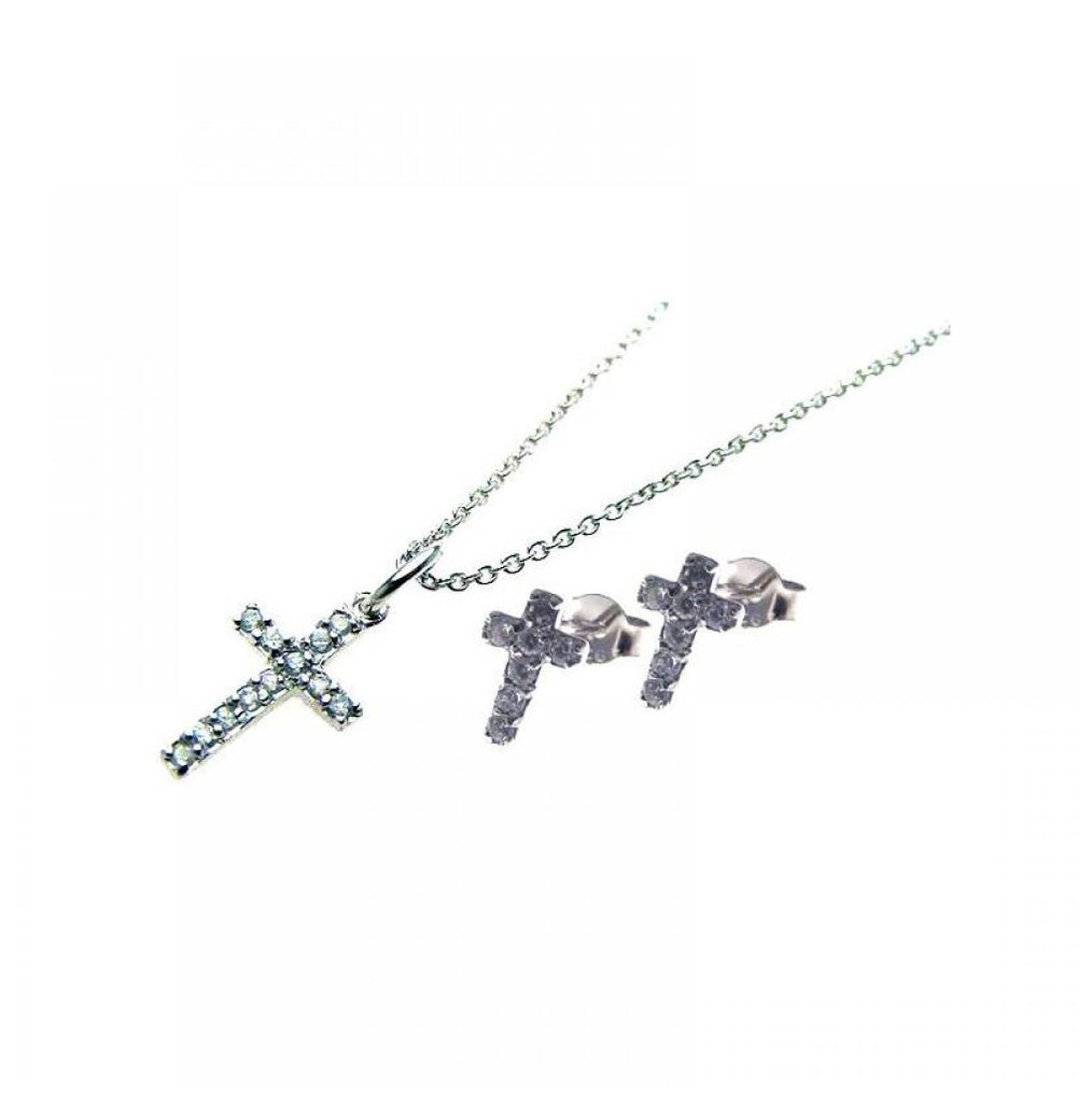 .925 Sterling Silver Rhodium Plated Cross Cz Stud Earring & Necklace Set