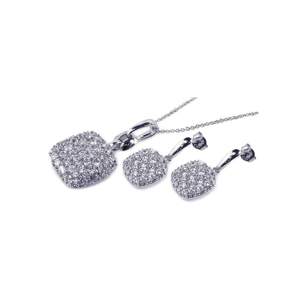 .925 Sterling Silver Rhodium Plated Square Cz Dangling Earring & Necklace Set