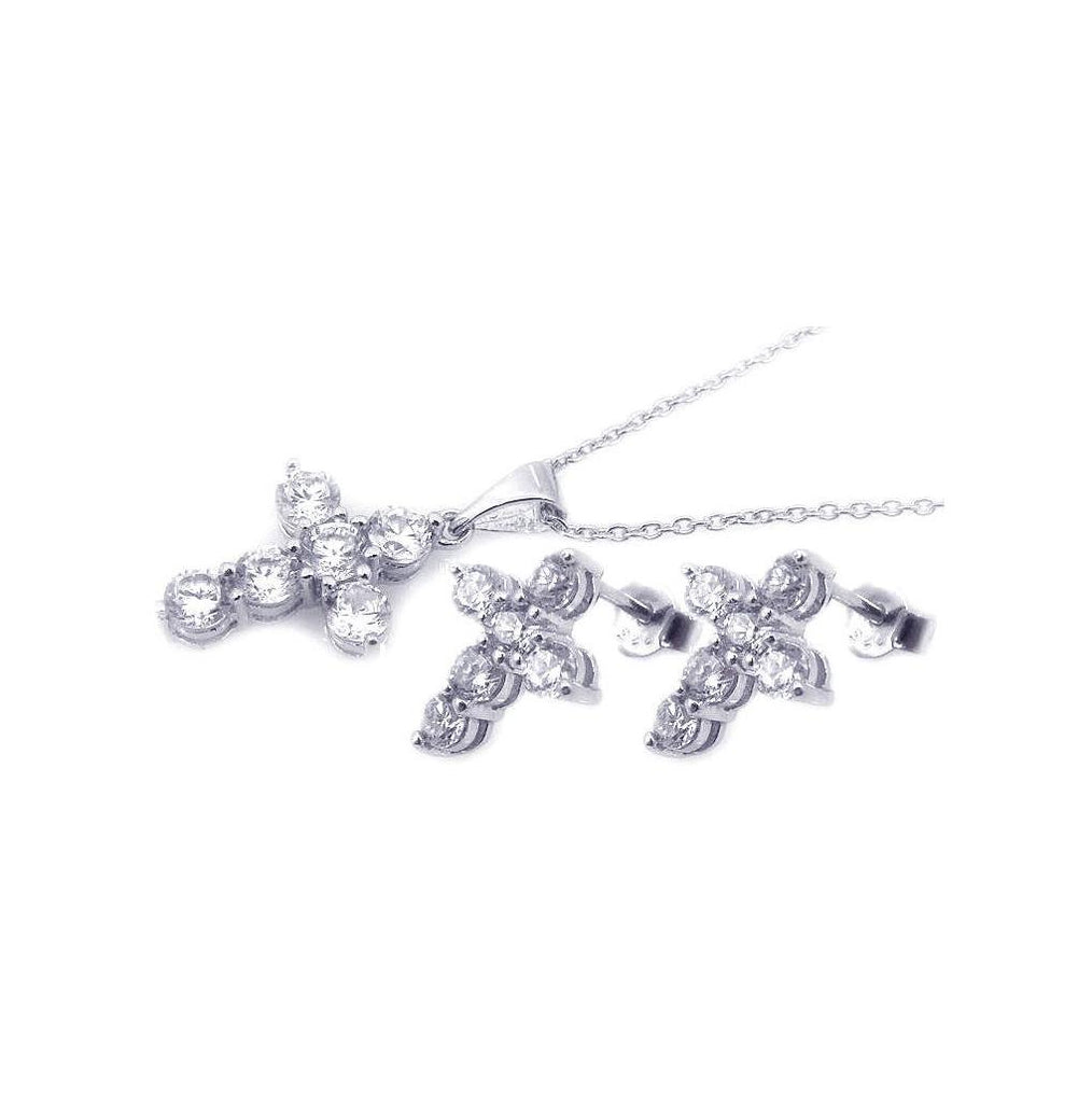 .925 Sterling Silver Rhodium Plated Cross Cz Stud Earring & Necklace Set