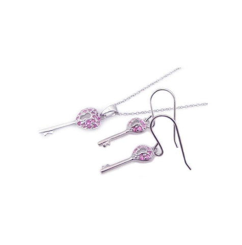 .925 Sterling Silver Rhodium Plated Kingdom Heart Pink Key Cz Hook Earring & Necklace Set