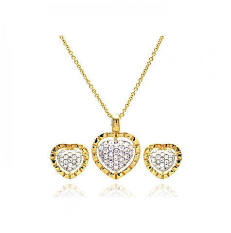 .925 Sterling Silver Gold Rhodium Plated Heart Cz Inlay Stud Earring & Necklace Set