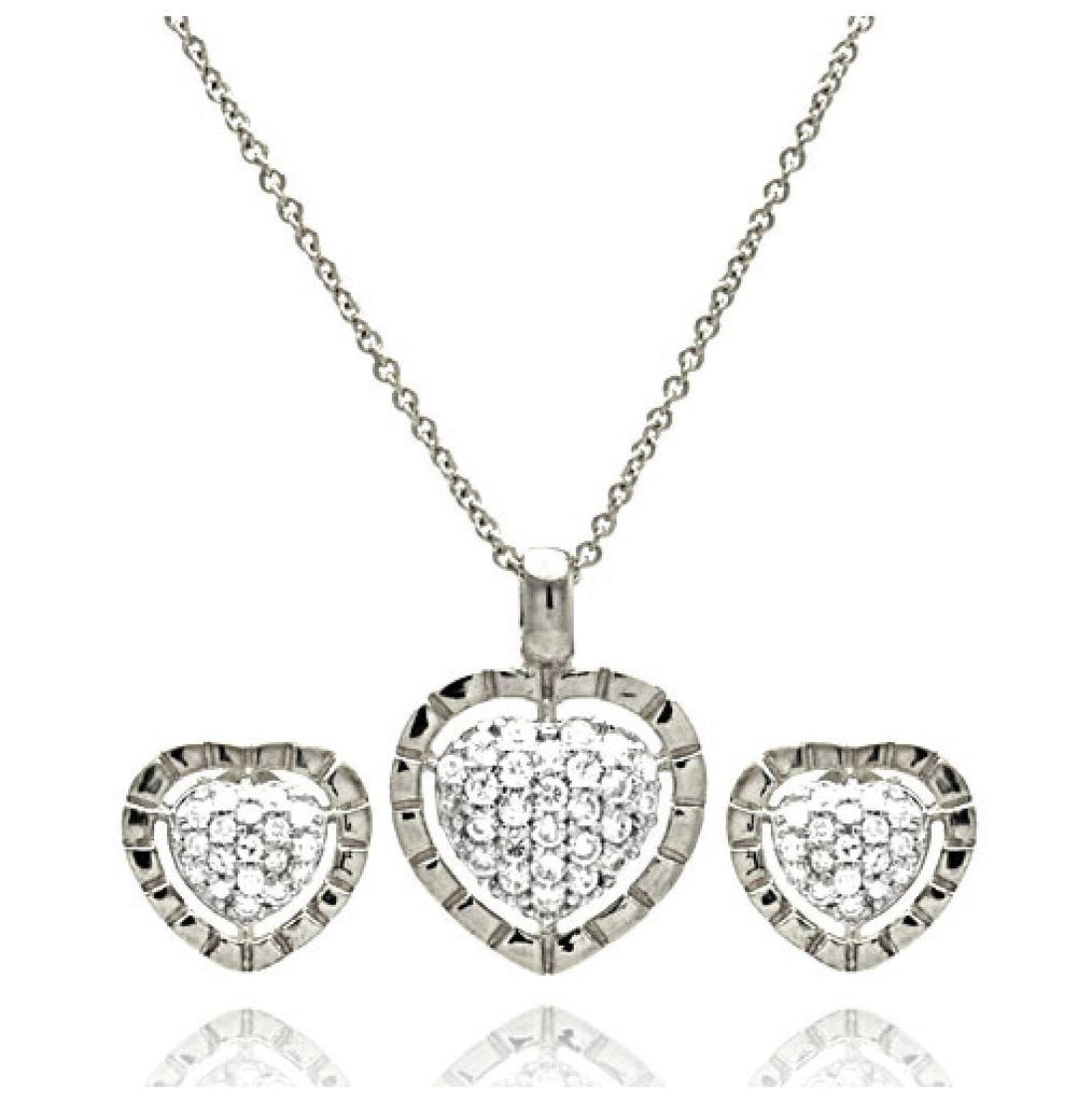 .925 Sterling Silver Rhodium Plated Clear Heart Cz Stud Earring & Necklace Set