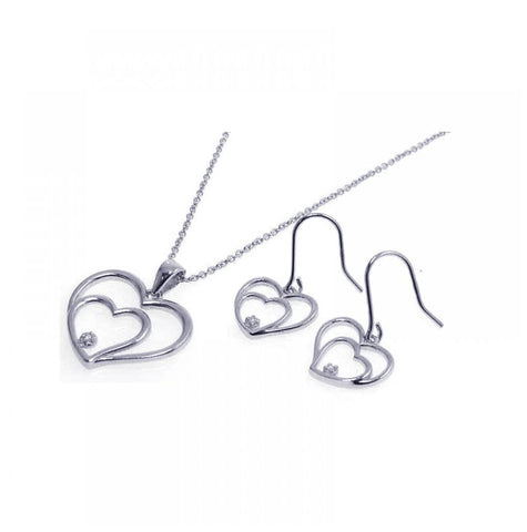 .925 Sterling Silver Rhodium Plated Graduated Open Heart Cz Dangling Hook Earring & Necklace Set