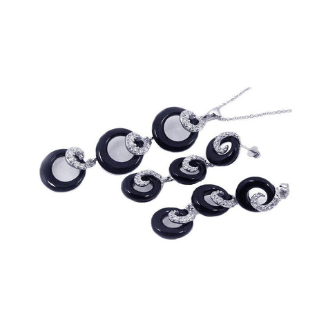 .925 Sterling Silver Rhodium Plated Multiple Graduated Circle Black Onyx Cz Stud Earring & Necklace Set