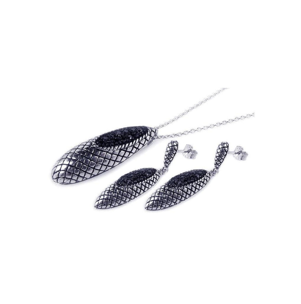 .925 Sterling Silver Black & Rhodium Plated Oval Teardrop Oxidized Black Cz Inlay Dangling Stud Earring & Necklace Set