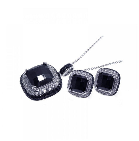 .925 Sterling Silver Black & Rhodium Plated Square Cz Stud Earring & Necklace Set