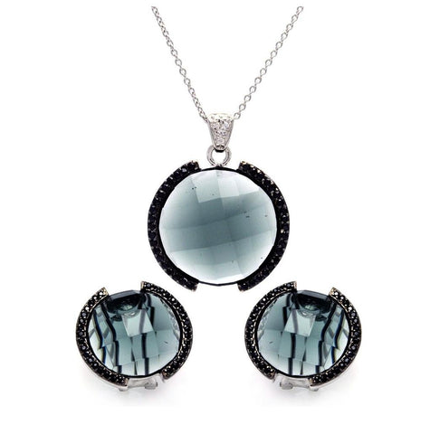 .925 Sterling Silver Black & Rhodium Plated Round Cz Stud Earring & Necklace Set