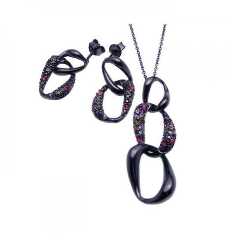 .925 Sterling Silver Black Rhodium Plated Graduated Multicolor Hanging Cz Dangling Stud Earring & Necklace Set