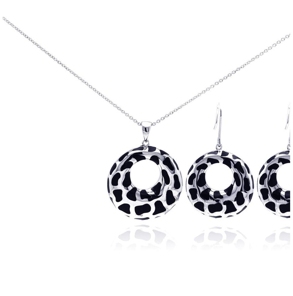 .925 Sterling Silver Rhodium Plated Leopard Print Open Circle Cz Dangling Hook Earring & Necklace Set