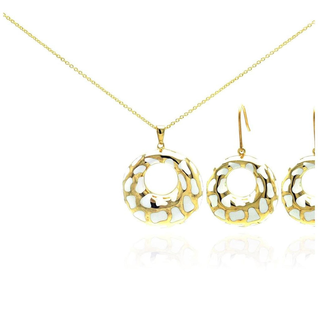 .925 Sterling Silver Gold Rhodium Plated Open Circle White Enamel Earring & Necklace Set