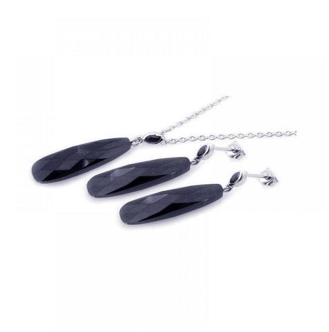 .925 Sterling Silver Rhodium Plated Rectangle Teardrop Black Cz Dangling Stud Earring & Necklace Set