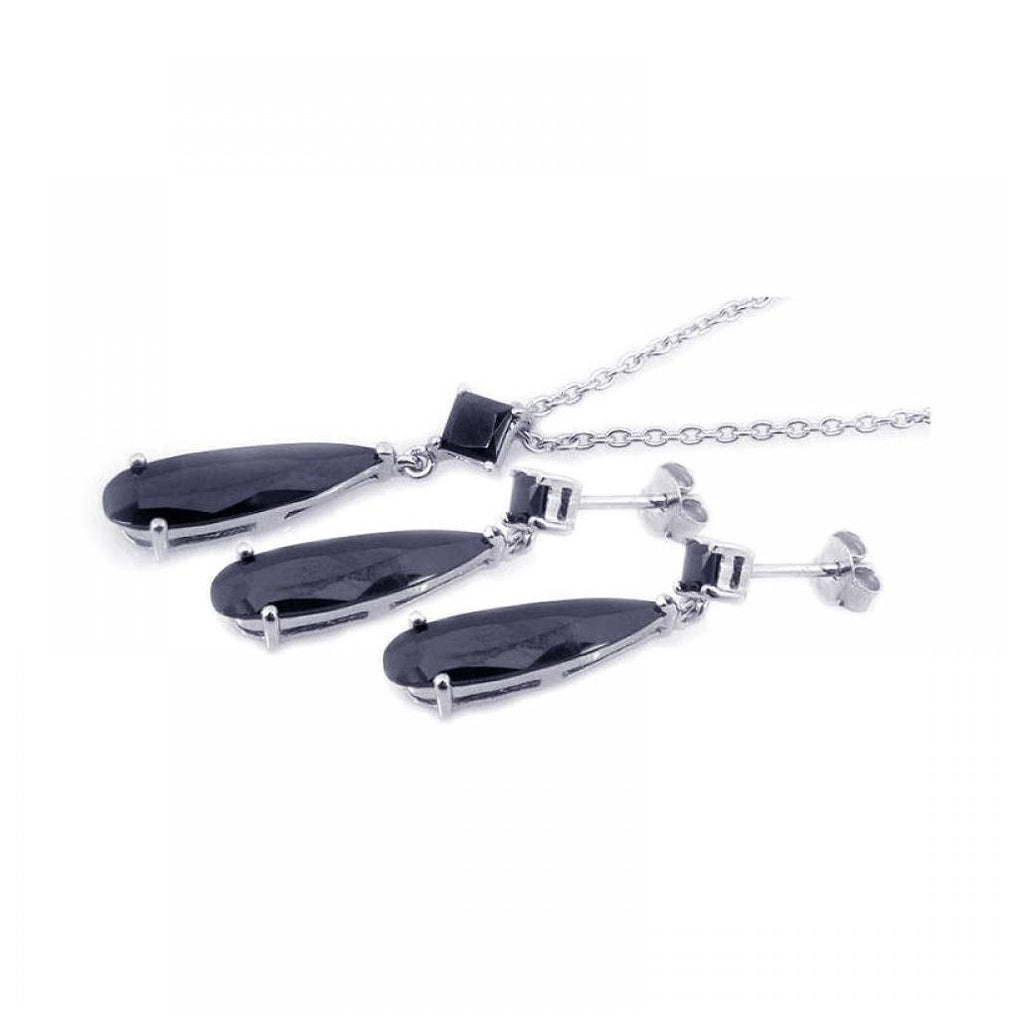 .925 Sterling Silver Rhodium Plated Black Teardrop Cz Dangling Earring & Necklace Set