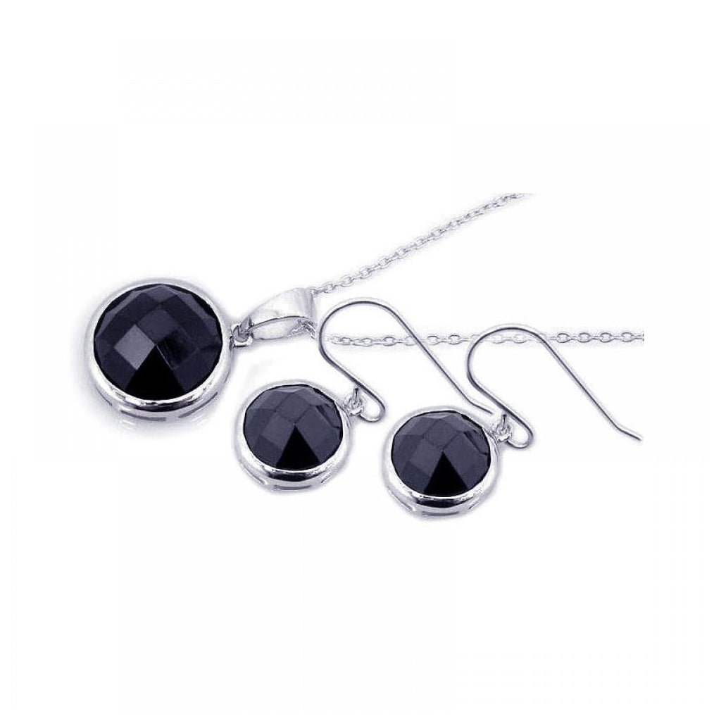 .925 Sterling Silver Rhodium Plated Round Black Cz Danglin Hook Earring & Necklace Set