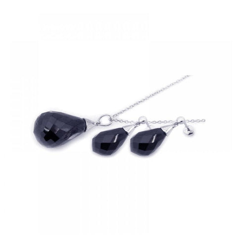 .925 Sterling Silver Rhodium Plated Squared Treadrop Black Cz Dangling Stud Earring & Necklace Set