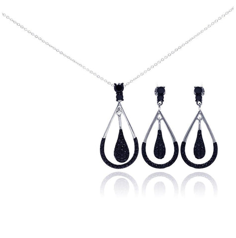 .925 Sterling Silver Black & Rhodium Plated Teardrop Dangling Cz Stud Earring & Necklace Set