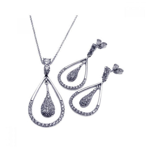 .925 Sterling Silver Rhodium Plated Open Teardrop Cz Dangling Stud Earring & Necklace Set