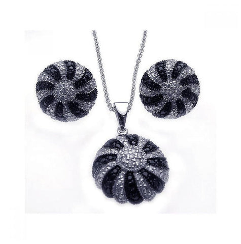 .925 Sterling Silver Rhodium Plated Round Black & Clear Cz Earring & Necklace Set