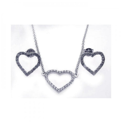 .925 Sterling Silver Rhodium Plated Open Heart Cz Stud Earring & Necklace Set