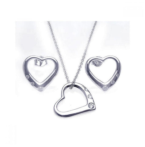 .925 Sterling Silver Rhodium Plated Open Heart Cz Stud Earring & Necklace Set