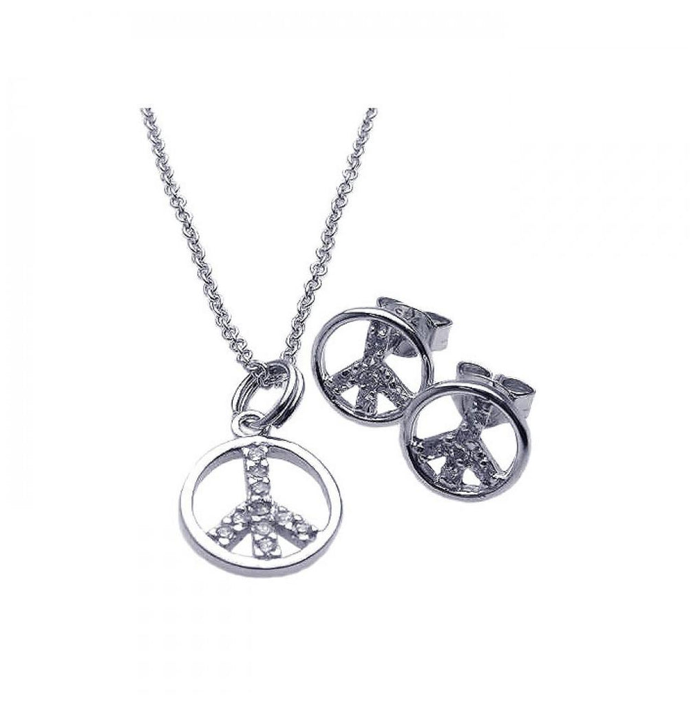 .925 Sterling Silver Rhodium Plated Open Peace Sign Cz Stud Earring & Necklace Set