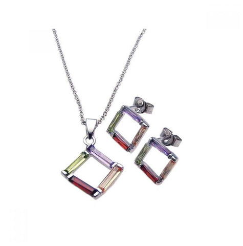 .925 Sterling Silver Rhodium Plated Multicolor Open Square Cz Stud Earring & Necklace Set