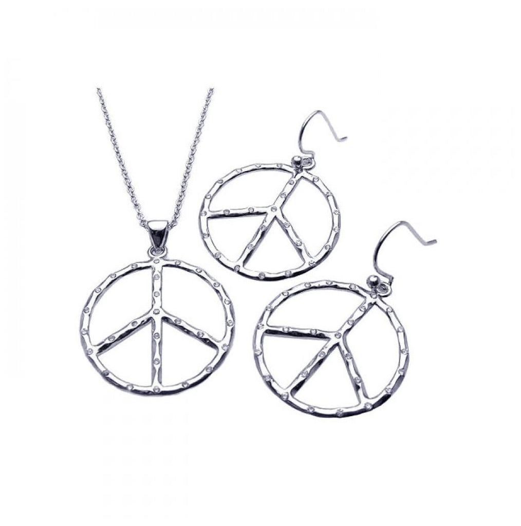 .925 Sterling Silver Rhodium Plated Open Peace Sign Cz Dangling Hook Earring & Necklace Set