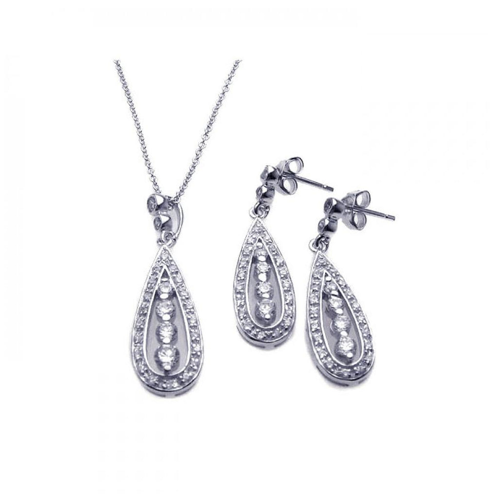 .925 Sterling Silver Rhodium Plated Teardrop Channel Cz Dangling Stud Earring & Necklace Set