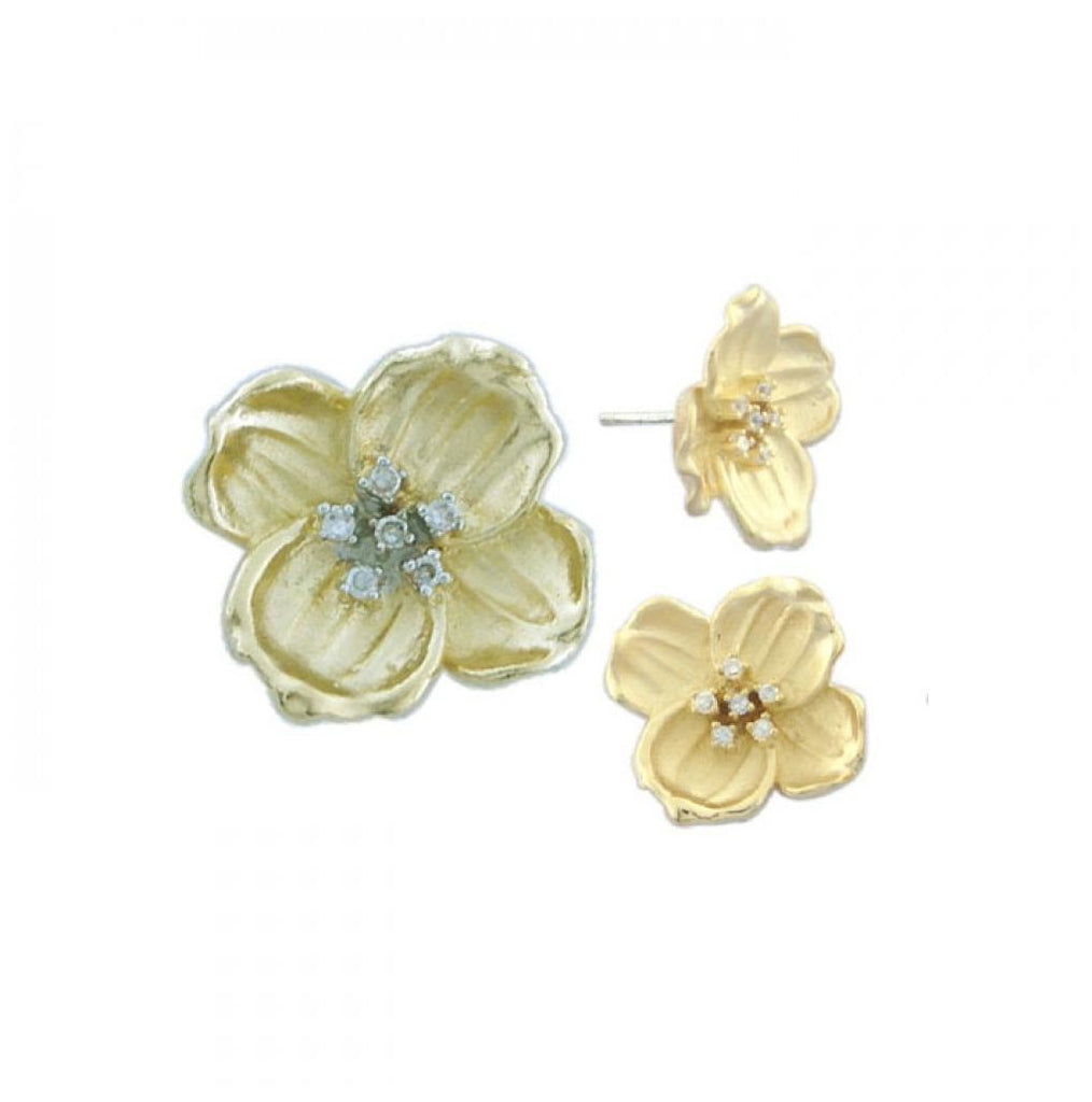 .925 Sterling Silver Gold Plated Flower Cz Stud Earring & Necklace Set