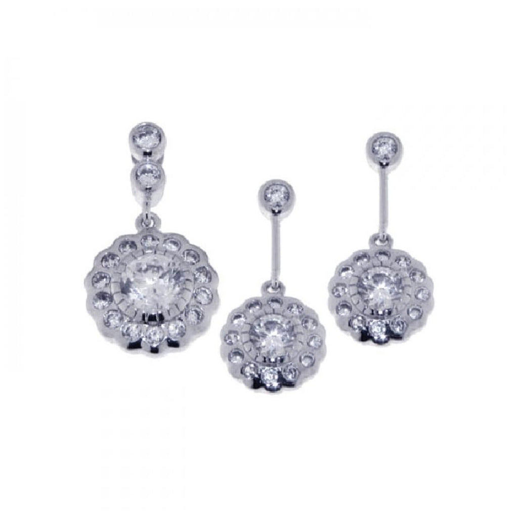 .925 Sterling Silver Rhodium Plated Flower Cz Dangling Earring & Necklace Set