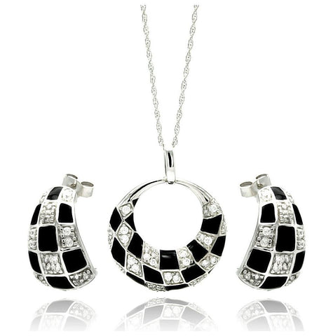 .925 Sterling Silver Rhodium Plated Open Circle Checkered Cz Crescent Stud Earring & Necklace Set