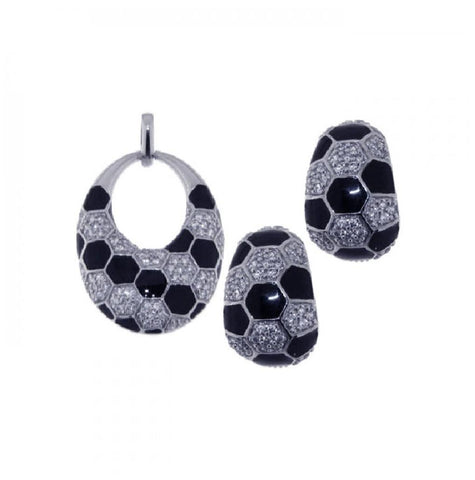 .925 Sterling Silver Rhodium Plated Open Circle Checkered Cz Crescent Earring & Necklace Set