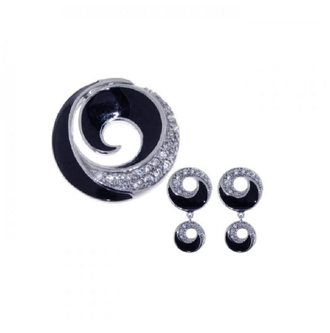 .925 Sterling Silver Rhodium Plated Open Circle Cz Danlging Graduated Black Onyx Earring & Necklace Set