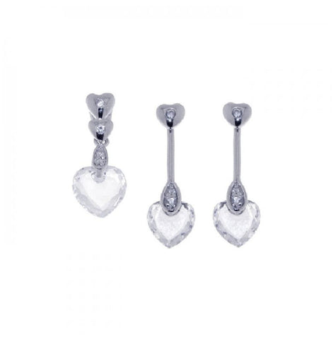 .925 Sterling Silver Rhodium Plated Heart Cz Dangling Stud Earring & Necklace Set