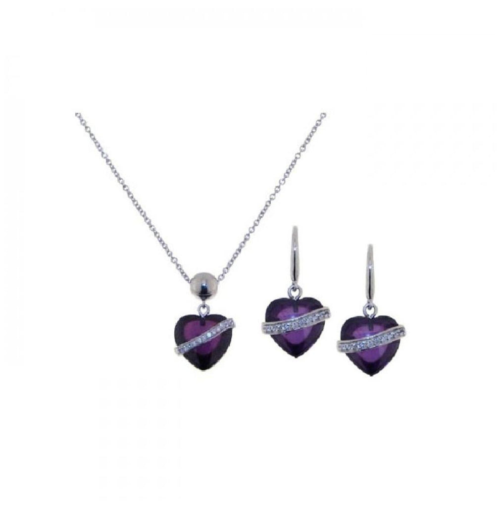 .925 Sterling Silver Rhodium Plated Purple Heart Cz Dangling Lever Back Earring & Necklace Set